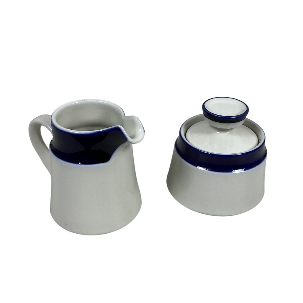 Noritake Primastone Blue White Stoneware Creamer and Sugar Bowl Set Japan
